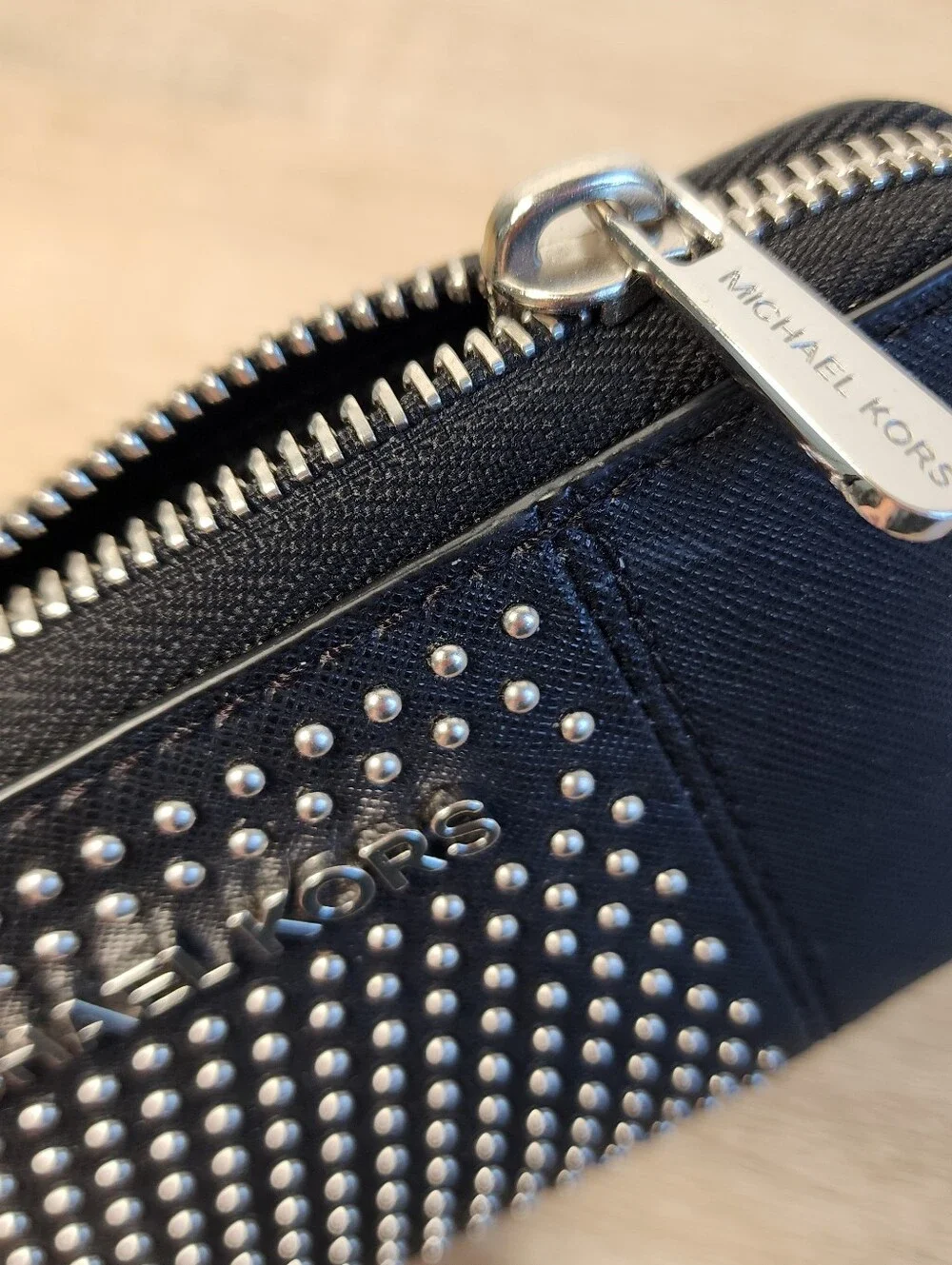 MICHAEL KORS Saffiano Studded Black Leather Silver Wristlet Zip Wallet Clutch